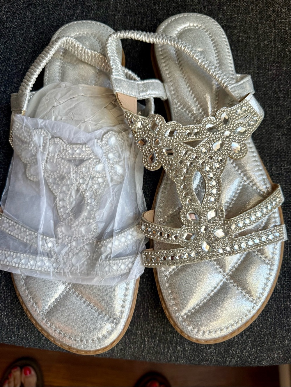 Woman, silver rhinestone sandals, flat size 12 or 43